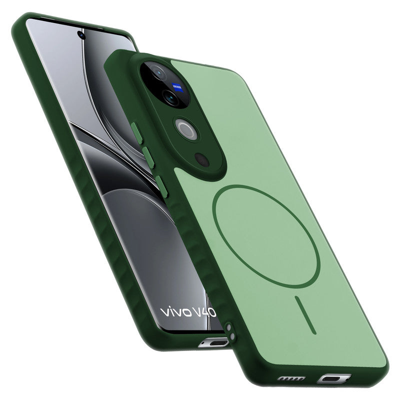 Matte Silicone Dual Color Back Cover with Metal Buttons & Ring Design for Vivo V40 5G