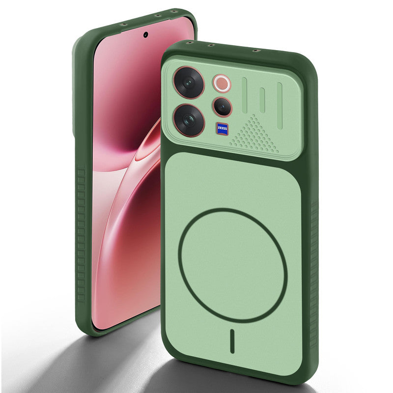 Green back cover for Vivo V70 5G with camera cut protection and ring design on back side.