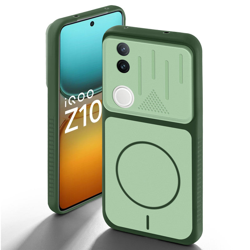Green back cover for iQOO Z10R 5G with camera cut protection and ring design on back side.