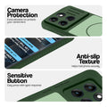 Green phone case for Motorola Moto Edge 60 5G showing camera safety edges, anti slip side grip and easy press button covers.