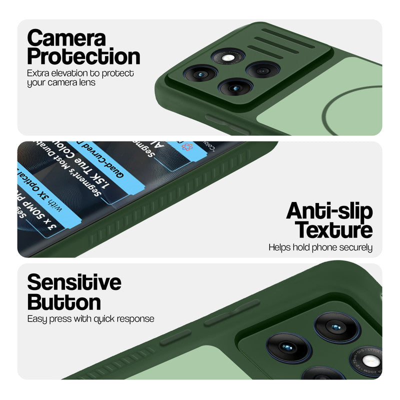 Green phone case for Motorola Moto Edge 60 5G showing camera safety edges, anti slip side grip and easy press button covers.