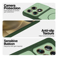 Green phone case for Motorola Signature showing camera safety edges, anti slip side grip and easy press button covers.