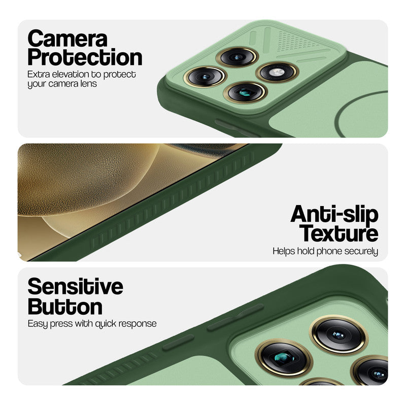 Green phone case for Motorola Signature showing camera safety edges, anti slip side grip and easy press button covers.