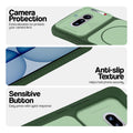 Green phone case for Nothing Phone 4A 5G showing camera safety edges, anti slip side grip and easy press button covers.