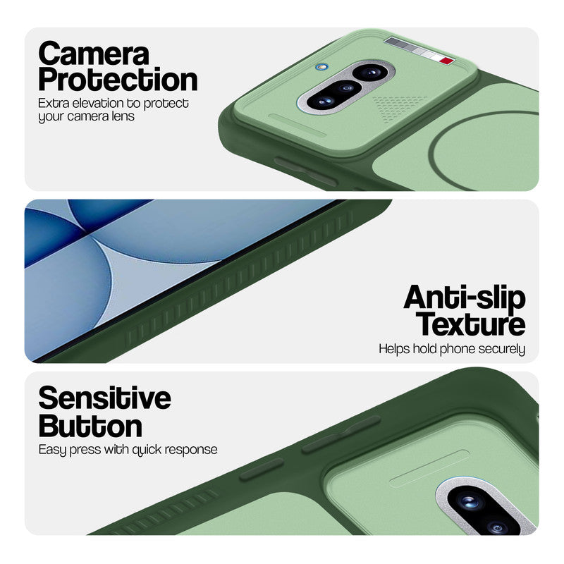 Green phone case for Nothing Phone 4A 5G showing camera safety edges, anti slip side grip and easy press button covers.