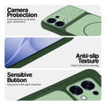 Green phone case for Oppo F31 5G showing camera safety edges, anti slip side grip and easy press button covers.