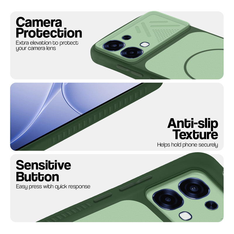 Green phone case for Oppo F31 5G showing camera safety edges, anti slip side grip and easy press button covers.