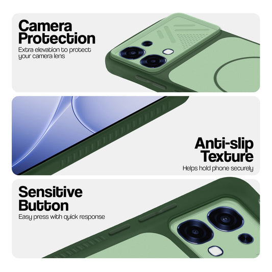 Green phone case for Oppo F31 5G showing camera safety edges, anti slip side grip and easy press button covers.