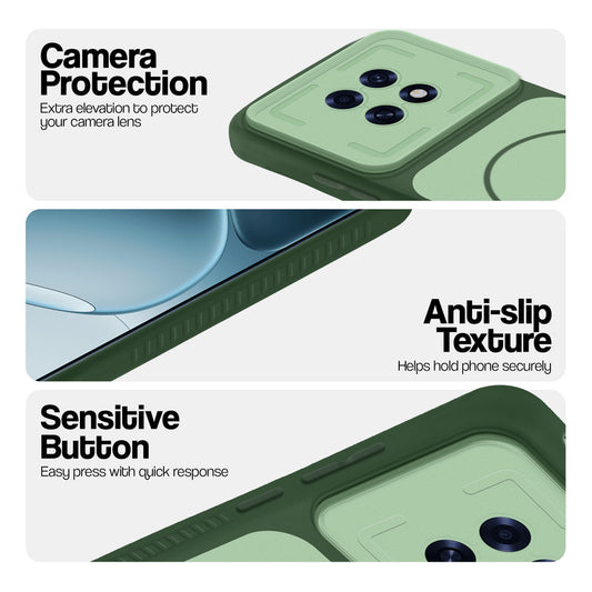 Green phone case for Oppo F31 Pro Plus 5G showing camera safety edges, anti slip side grip and easy press button covers.