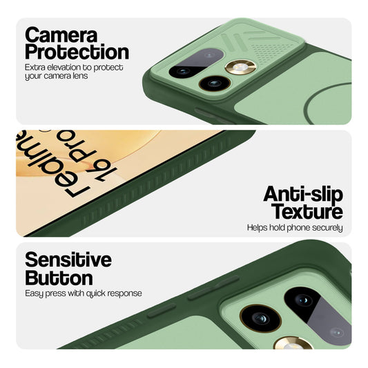 Green phone case for Realme 16 Pro 5G showing camera safety edges, anti slip side grip and easy press button covers.