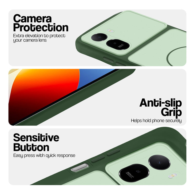 Green phone case for Redmi A7 Pro 4G showing camera safety edges, anti slip side grip and easy press button covers.