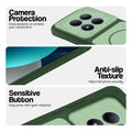 Green phone case for Redmi Note 15 Pro 5G showing camera safety edges, anti slip side grip and easy press button covers.