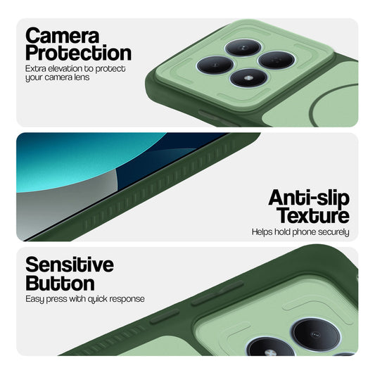 Green phone case for Redmi Note 15 Pro 5G showing camera safety edges, anti slip side grip and easy press button covers.