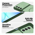 Green phone case for Samsung A17 5G showing camera safety edges, anti slip side grip and easy press button covers.