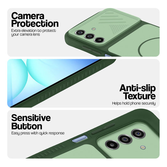 Green phone case for Samsung A17 5G showing camera safety edges, anti slip side grip and easy press button covers.