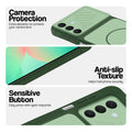 Green phone case for Samsung A26 5G showing camera safety edges, anti slip side grip and easy press button covers.