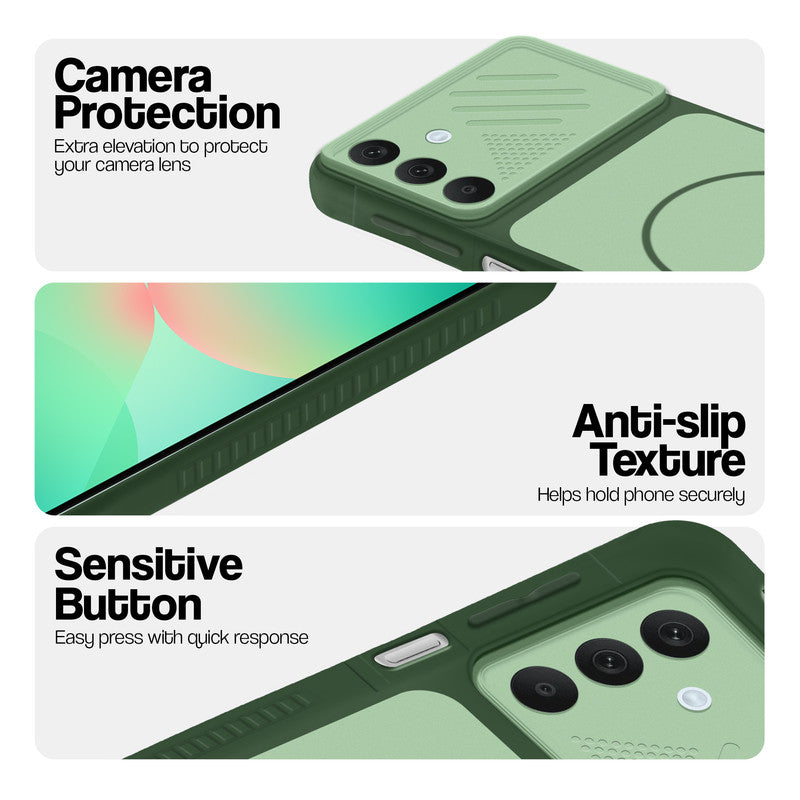 Green phone case for Samsung A26 5G showing camera safety edges, anti slip side grip and easy press button covers.