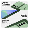 Green phone case for Samsung A36 5G showing camera safety edges, anti slip side grip and easy press button covers.