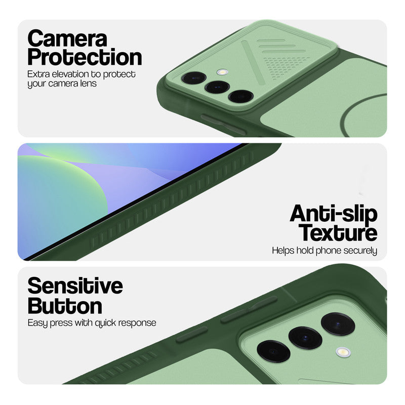 Green phone case for Samsung A36 5G showing camera safety edges, anti slip side grip and easy press button covers.