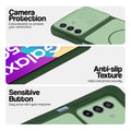 Green phone case for Samsung F17 5G  showing camera safety edges, anti slip side grip and easy press button covers.