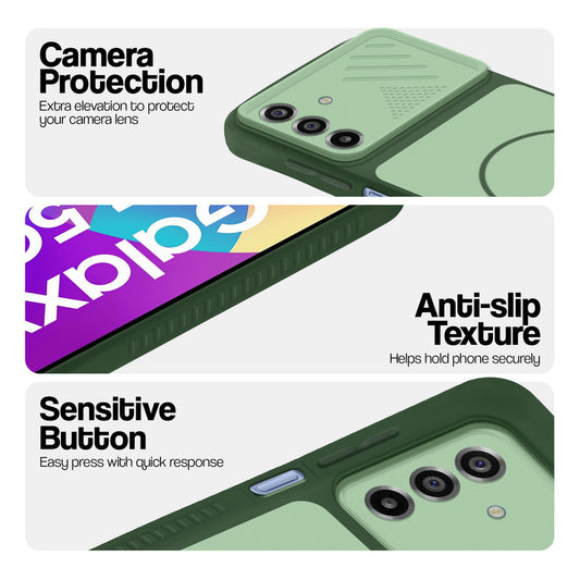 Green phone case for Samsung F17 5G  showing camera safety edges, anti slip side grip and easy press button covers.