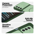 Green phone case forSamsung M17 5G showing camera safety edges, anti slip side grip and easy press button covers.