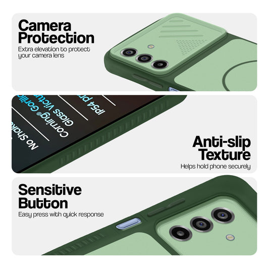 Green phone case forSamsung M17 5G showing camera safety edges, anti slip side grip and easy press button covers.
