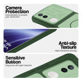 Green phone case for Vivo T4R 5G showing camera safety edges, anti slip side grip and easy press button covers.