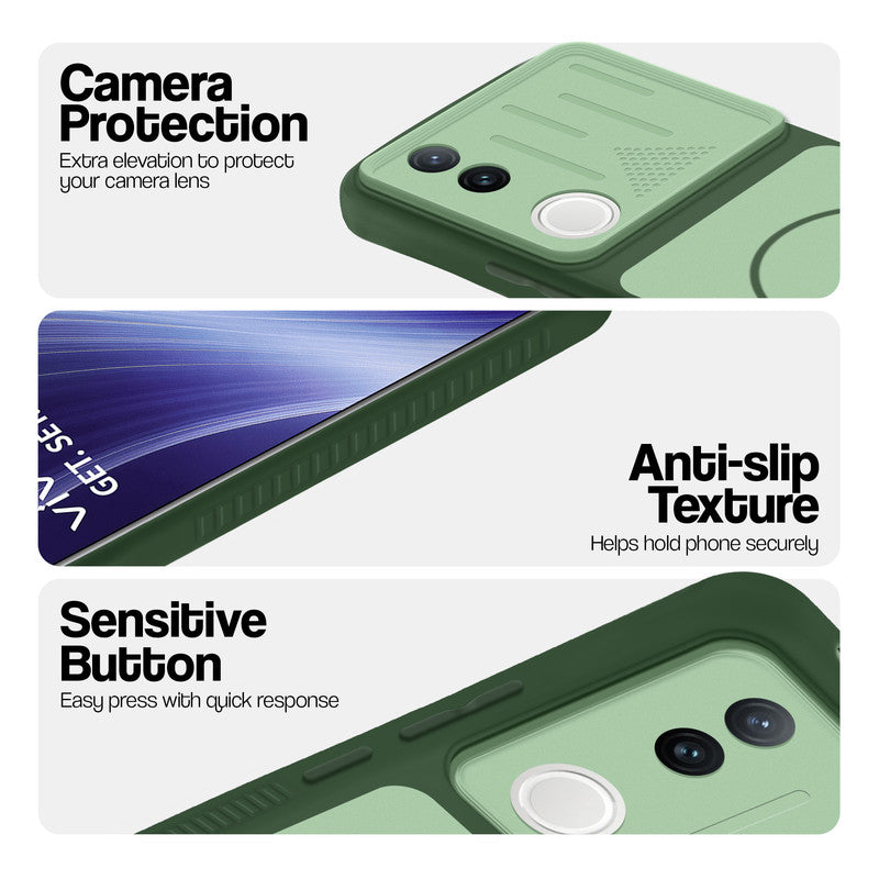 Green phone case for Vivo T4R 5G showing camera safety edges, anti slip side grip and easy press button covers.