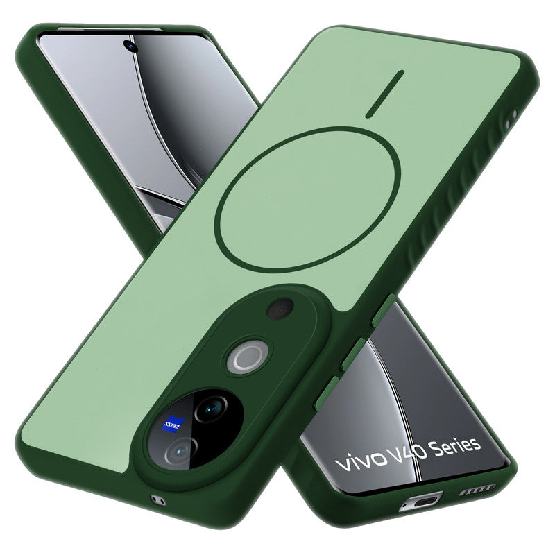Matte Silicone Dual Color Back Cover with Metal Buttons & Ring Design for Vivo V40 5G