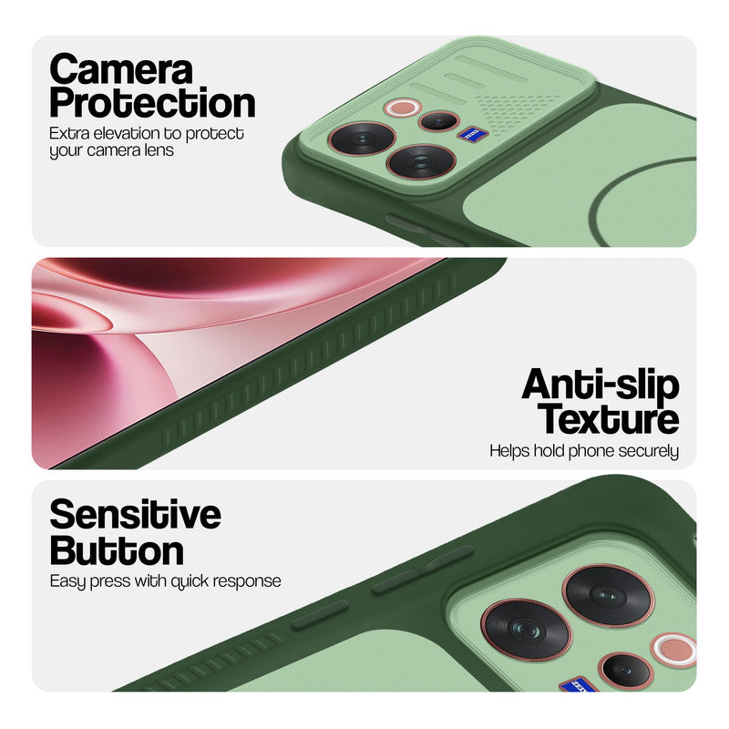 Green phone case for Vivo V70 5G showing camera safety edges, anti slip side grip and easy press button covers.