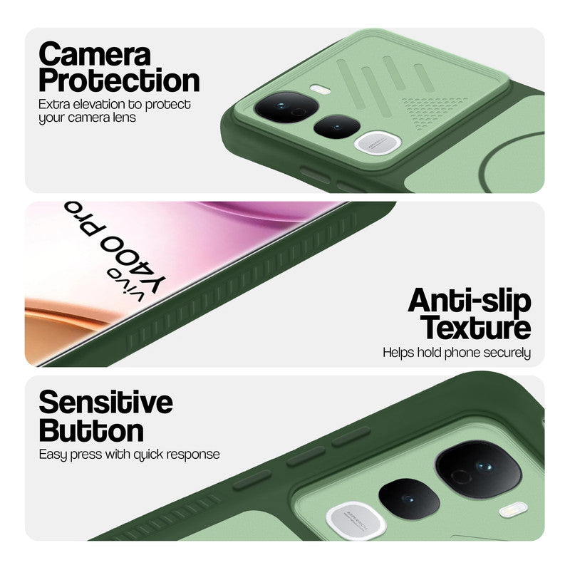 Green phone case for Vivo Y400 Pro 5G showing camera safety edges, anti slip side grip and easy press button covers.
