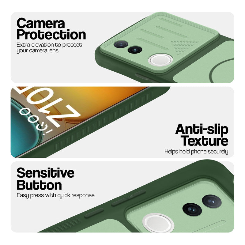 Green phone case for iQOO Z10R 5G showing camera safety edges, anti slip side grip and easy press button covers.