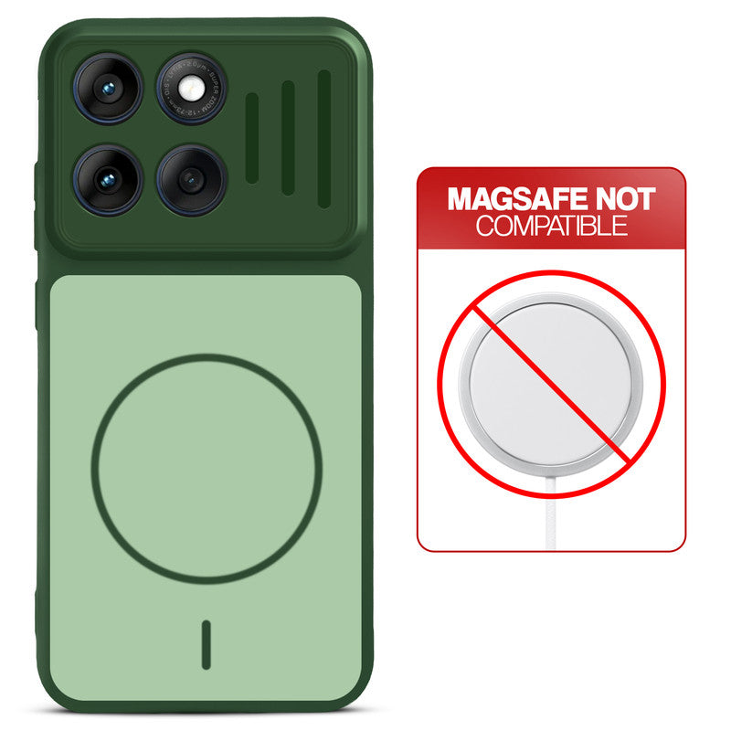 Green back cover for Motorola Moto Edge 60 5G with printed ring pattern and message showing not compatible with MagSafe charging.
