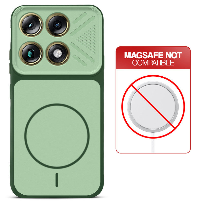 Green back cover for Motorola Signature with printed ring pattern and message showing not compatible with MagSafe charging.