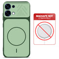 Green back cover for Oppo F31 5G with printed ring pattern and message showing not compatible with MagSafe charging.