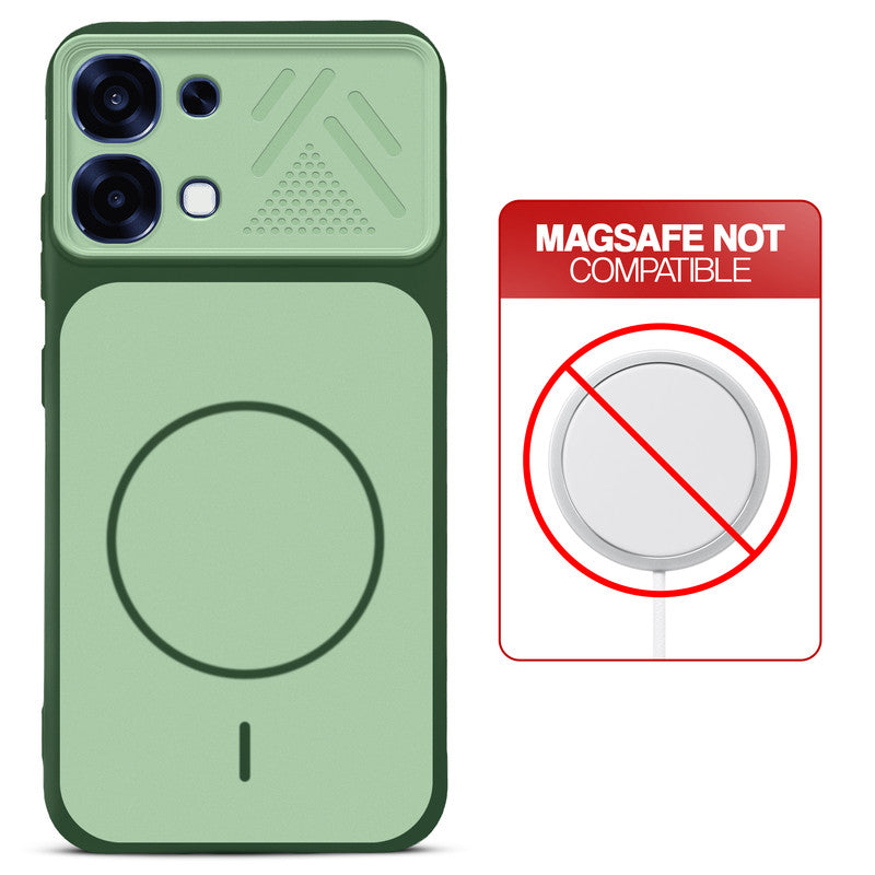 Green back cover for Oppo F31 5G with printed ring pattern and message showing not compatible with MagSafe charging.