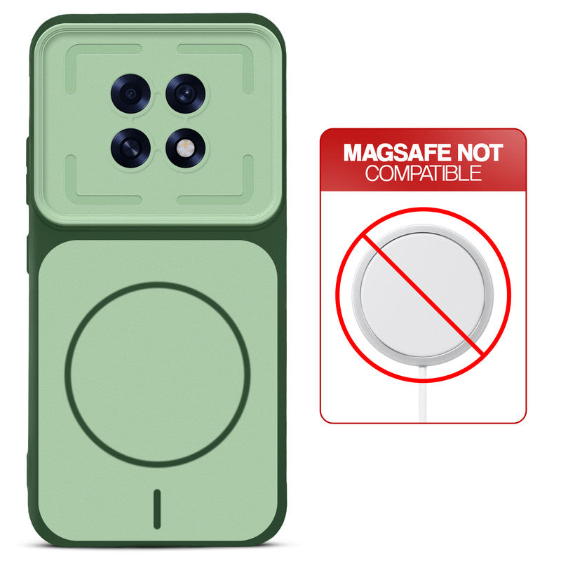Green back cover for Oppo F31 Pro Plus 5G with printed ring pattern and message showing not compatible with MagSafe charging.