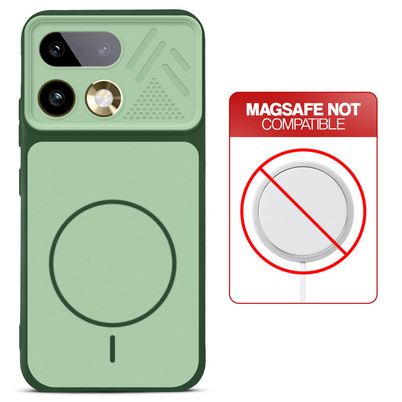 Green back cover for Realme 16 Pro 5G with printed ring pattern and message showing not compatible with MagSafe charging.