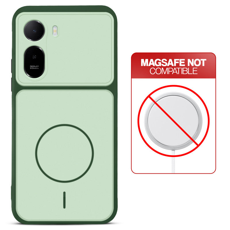 Green back cover for Redmi A7 Pro 5G with printed ring pattern and message showing not compatible with MagSafe charging.