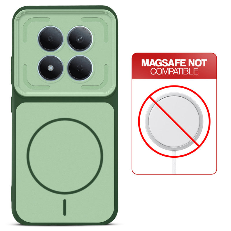 Green back cover for Redmi Note 15 Pro 5G with printed ring pattern and message showing not compatible with MagSafe charging.