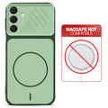 Green back cover for Samsung A26 5G with printed ring pattern and message showing not compatible with MagSafe charging.