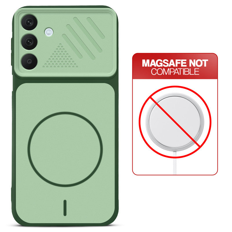 Green back cover for Samsung A26 5G with printed ring pattern and message showing not compatible with MagSafe charging.