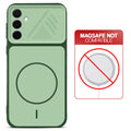 Green back cover for Samsung A36 5G with printed ring pattern and message showing not compatible with MagSafe charging.