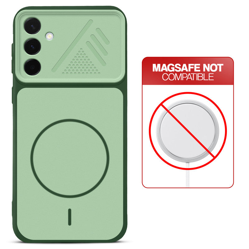 Green back cover for Samsung A36 5G with printed ring pattern and message showing not compatible with MagSafe charging.