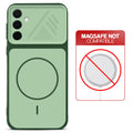 Green back cover for Samsung A56 5G with printed ring pattern and message showing not compatible with MagSafe charging.