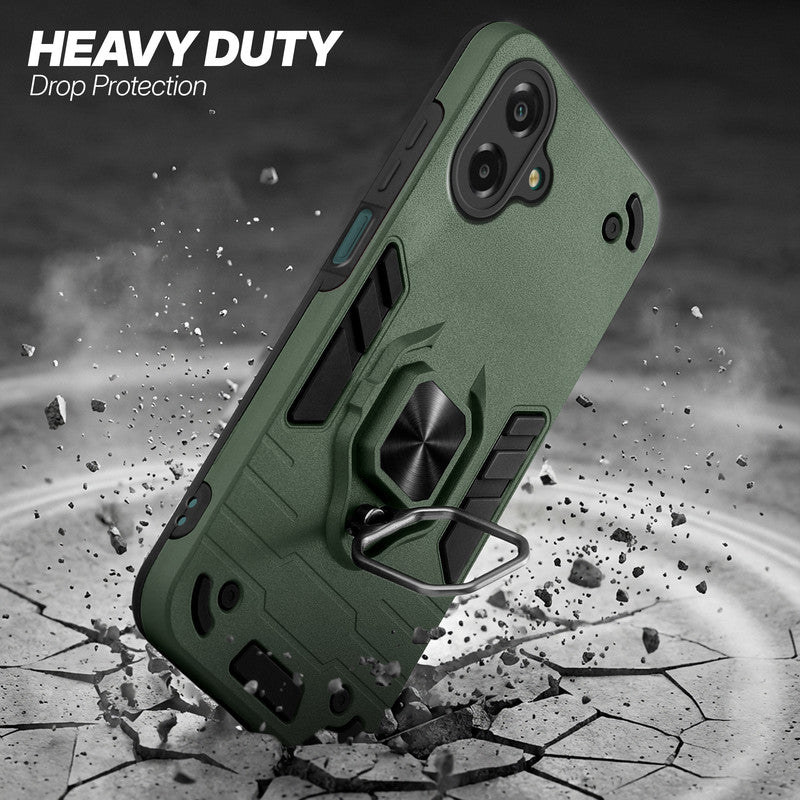 Samsung F07 protective case illustrating impact drop protection with an impact-resistant frame.