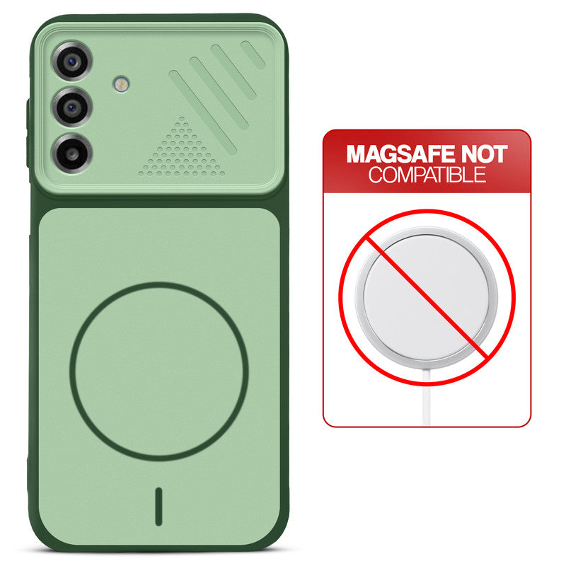 Green back cover for Samsung F17 5G  with printed ring pattern and message showing not compatible with MagSafe charging.