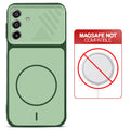 Green back cover forSamsung M17 5G with printed ring pattern and message showing not compatible with MagSafe charging.
