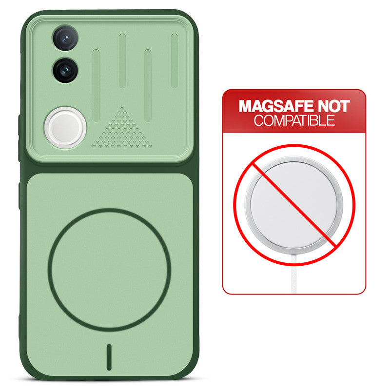 Green back cover for Vivo T4R 5G with printed ring pattern and message showing not compatible with MagSafe charging.